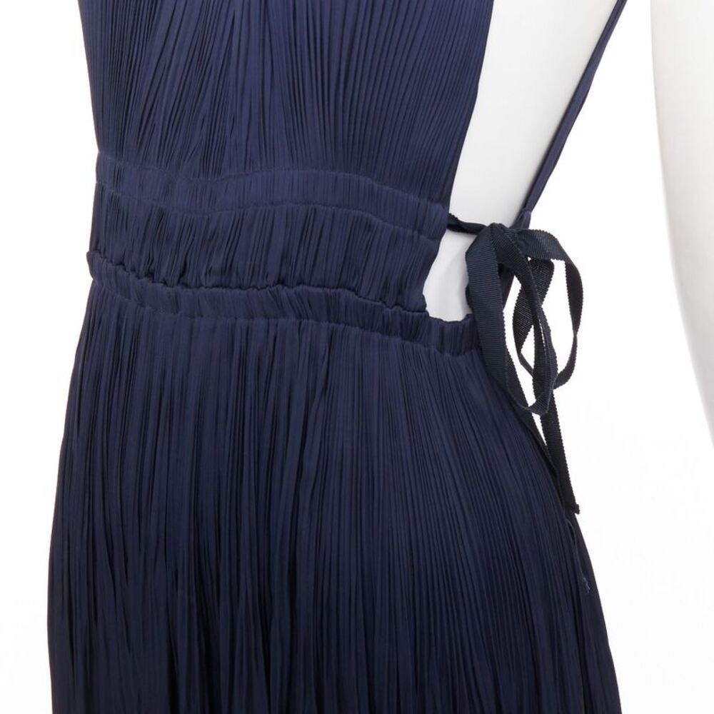 ULLA JOHNSON midnight blue pleated halter neck drawstring tie midi dress US0 XS - Picture 2 of 9
